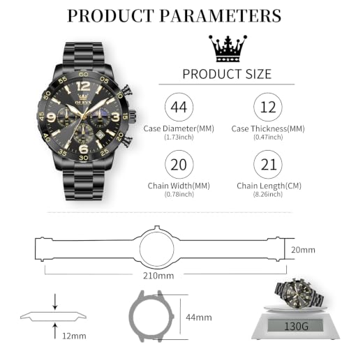 Image of OLEVS Men's Watches Luxury Chronograph Waterproof Dress Business Quartz Analog Stainless Steel Multifunction Fashion Watches with Date, Sun-noon Phase Big Dial 44mm, Luminous Hands Scales