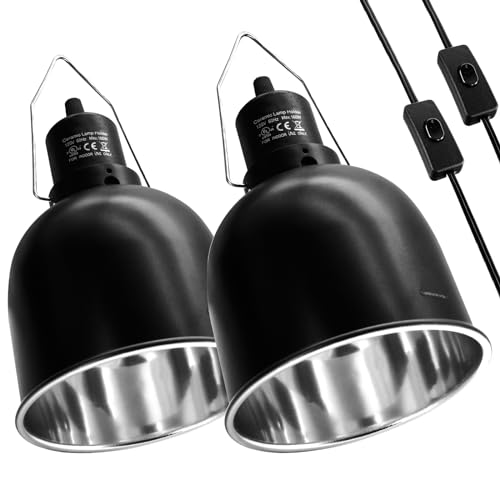 MECESOR Reptile Light Fixture, 2 Packs 5.5 Inch Deep Dome Lampshade Dimmable, Reptile Heat Lamp Fixture with Separate Switches Fit for UVB Bulb Basking Heat Bulb for Reptile Glass Terrariums