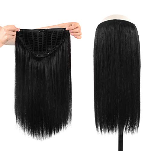 WINSKY 14" Half Wig Real Human Hair Extensions Clip in For Women - Silky Straight One Piece U-part Short Hair Hairpiece for Women (14inch #1 100g Jet Black)