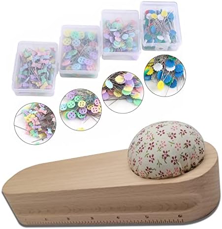 Bequilter 1pcs Hardwood Tailors Clapper with 400pcs Sewing Pins Patchwork Pins, Quilters Pressing and Seam Flattening Tool with Pin Cushion and Dual Unit Scale