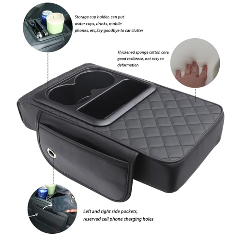 Image of Universal Car Armrest Cushion Organizer - PU Leather Center Console Pad with Cup Holder, Phone Storage & Side Pockets, Multifunctional Armrest Cover for Most Vehicles