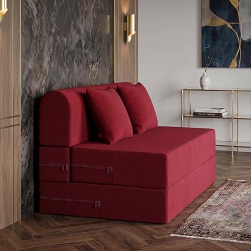 Image of Foldable Three Seater Sofa Bed 5 X 6 Ft Jute Fabric Washable Cover Sofa Cum Bed with Cushions Convertible Sofa Bed for Home (Red Color - Pre-Assembled)