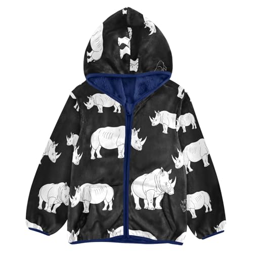 Rhino Pattern on Black Toddler Fleece Jacket Girl Boys Hooded Fleece Jacket Coat Warm Outwear Zip-up 3-10T