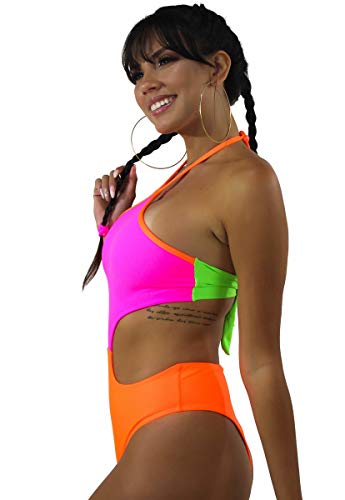 Maiô Body Com Detalhe Aberto na Cintura Laranja e Rosa Neon Multicolorido