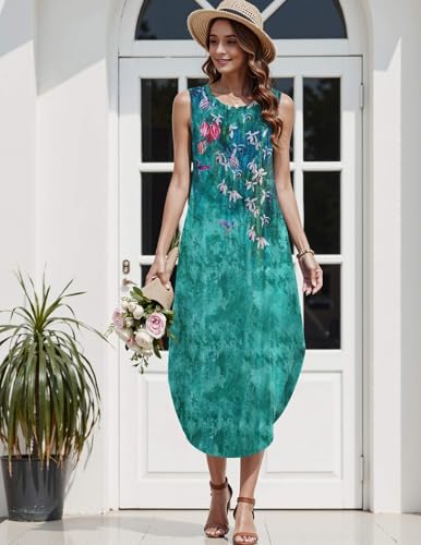 Image of Zeagoo Women Floral Summer Casual Beach Printed Tank Dress with Pockets Pleated Front Long Dress