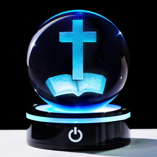 YWHL 3.14In 3D Crystal Cross Ball Figurine with Colorful Light Base, Laser Engraved Glass Bible Religious Gifts for Wome Men, Christian Collectible Decoration for Home Office(80mm)