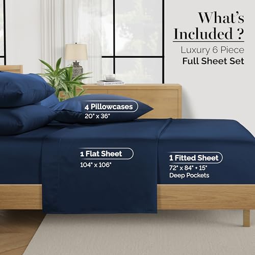 Casa Platino 100% Egyptian Cotton Sheets California King Size Set - 6 Pcs (1 Flat, 1 Fitted, 4 Pillowcases)- Ultra Smooth Sateen Weave Bed Sheets with 15" Deep Pockets - Navy Blue