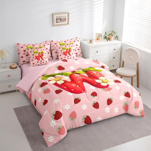 Image of Feelyou Girls Cute Strawberry Comforter Set With Sheets 7 Piece King Size Pink Strawberry Bed in a Bag Kids Boys Girls Initial Letter W Bedding Set Bedroom Decor Breathable Soft Lightweight Microfiber