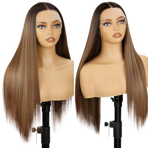 SUKRI 26inch 13X4X1 Highlight Blonde Lace Front Wigs Long Straight Brown Mixed Blonde Synthetic Lace Wigs for Women Daily Party Use