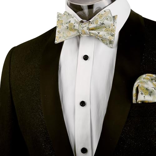Image of Alizeal Mens 2pcs Floral Bow Tie Set | Self-tied Elegant Pocket Square Set for Wedding