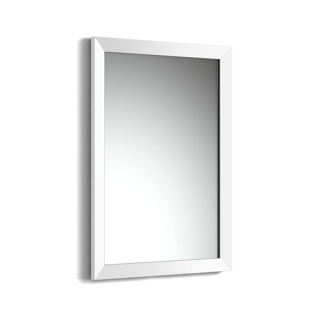 iBathUK Brillia Wall Mounted Bevelled Framed Bathroom Mirror, Modern Rectangular Portrait or Landscape Design Copper-Free Silver Mirror with PVC Frame in Matt White, 700 x 500mm