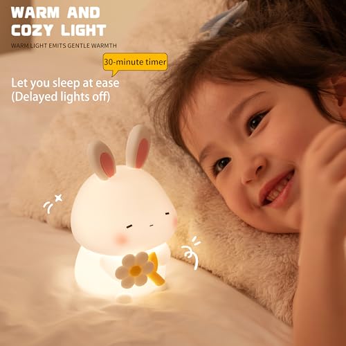 Image of Led Cute Flower Bunny Night Light, Dimmable Timer Kawaii Lamps, Super Squishy Silicone USB Rechargeable Touch Control Night Lamp, Used for Camping Party Room Decor (Bunny with Flower)