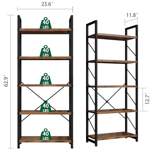 Shintenchi 5 Tiers Bookshelf, Classically Tall Bookcase Shelf, Industrial Book Rack, Modern Book Holder in Bedroom/Living Room/Home/Office, Storage Rack Shelves for Books/Movies-Rustic Brown