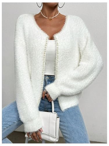 SOLY HUX Women's Fuzzy Open Front Cardigan Elegant Pearl Long Sleeve Dressy Casual Sweaters Outerwear4