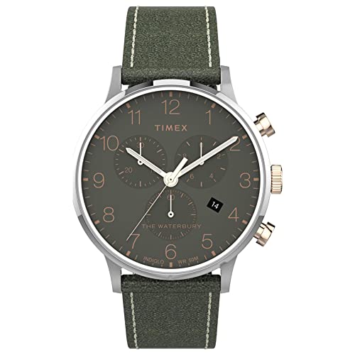 Timex Men's TW2T71400 Waterbury Classic Chronograph 40mm Green/Silver-Tone Leather Strap Watch