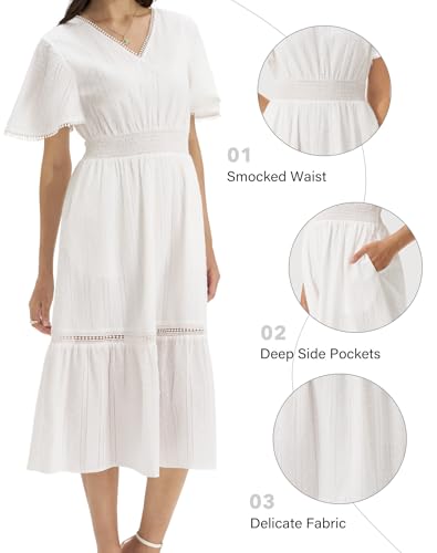 Image of Olaesa Women's Summer V Neck Smocked Cotton Dresses Puff Sleeve Flowy A Line Midi Wedding Guest Dress with Pockets