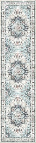 Madane 3x12 Hallway Runner Rug - Non Slip Washable 12ft Runner for Hallways Soft Vintage Kitchen Rugs Low-Pile Carpet Runner for Entryway Bathroom Thin Floor Mat for Bedroom Dining Room, Blue