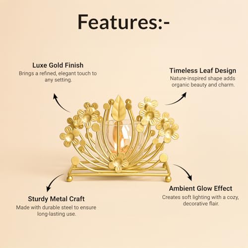 Image of MARKET 99 Metal+Glass Single Votive T-Light Holder Leaf Shape | Decorative Candle Holder for Christmas, Diwali, Birthday & Wedding | Elegant Home Decor Accent for Festive & Ambient Lighting - Golden