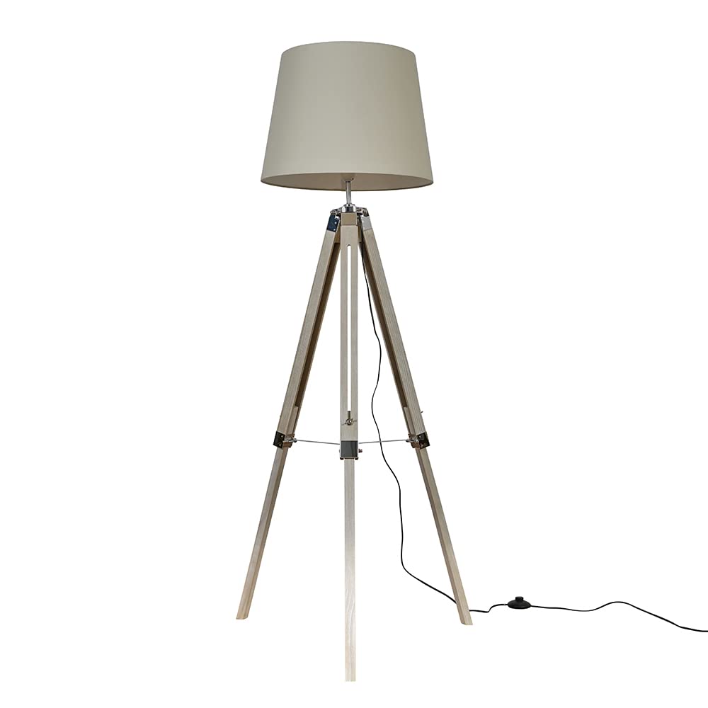 MiniSun | Modern Distressed Wood and Silver Chrome Tripod Floor Lamp with a Beige Tapered Light Shade | Floor Lamps & Torchieres, Home Décor & Improvement Essential | Includes Bulb [3000K Warm White]