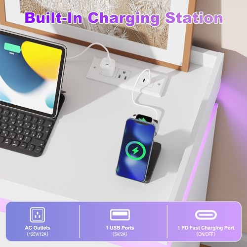 Image of Hlivelood 10 Drawer Dresser with LED Lights & Charging Station, Wide Wooden Chest of Drawers for Bedroom, Storage Organizer Cabinet, Modern TV Stand Dresser for Closet, Living Room, Hallway, White