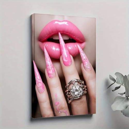 Wooden Framed Wall Art Pink Lips Long Nails Ring Art