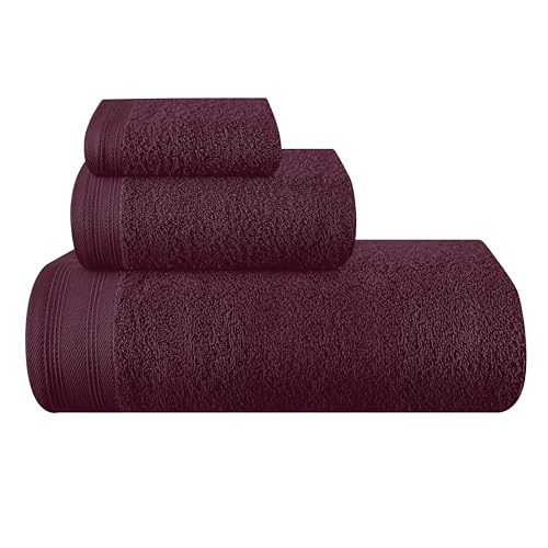 MALLONI HOME Ultra Soft 3 Pack Cotton Towel Set, Contains a Bath Towels 28x55 inch, a Hand Towels 16x24 inch & a Wash Coths 12x12 inch, Ideal Everyday use, Compact & Lightweight - Burgundy, Medium