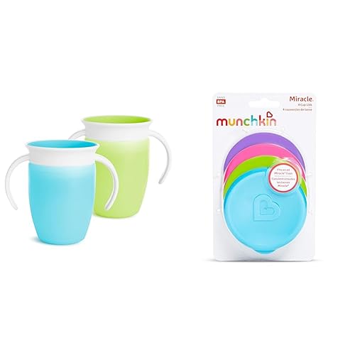 Munchkin Sippy Cup for 6 Month Old and Up, Spill Proof Miracle 360 Toddler Cups with Transition Handles and Lids, 7 Ounce, 6 Pack, Blue/Green