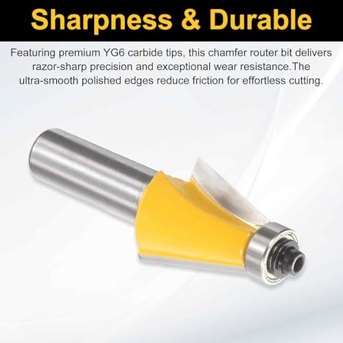 Image of HARFINGTON 15 Degree Chamfer Router Bit 1 /2 Inch Shank 1 inch Cutting Length Carbide Tip with Bearing for Woodworking Milling Cutter Tool, Yellow