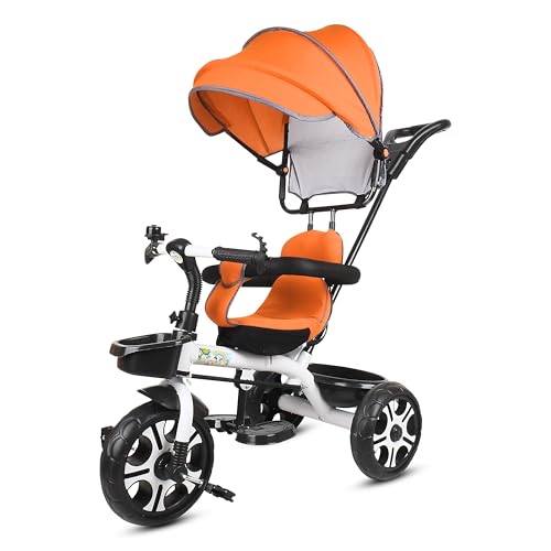 Image of BABY SMILE 4-in-1 Kids Tricycle with Adjustable Canopy, Parent Push Handle, Red and White (Orange)