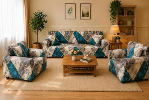 Image of Gifts Island Sofa Cover 3 Seater and 2 Seater Fully Covered Universal 5 Seater Sofa Cover Non-Slip Sticky Elastic Stretchable Sofa Set Slipcover Protector for (3+1+1 Seater), Colorful Marble