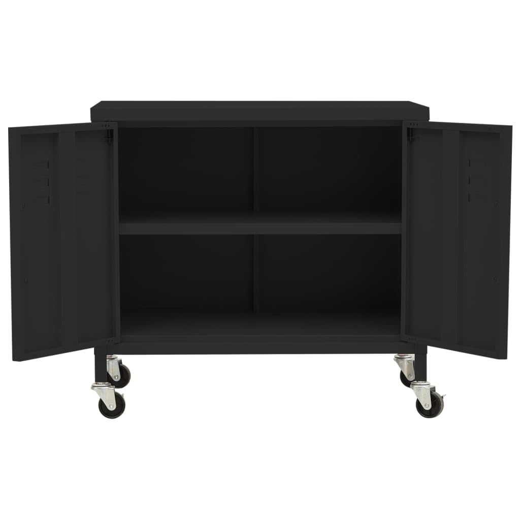 Armario de taller de acero negro 60 x 35 x 56 cm con 4 ruedas y estante ajustable, solución de almacenamiento robusta para exterior y oficina para jardín, balcón y oficina en casa
