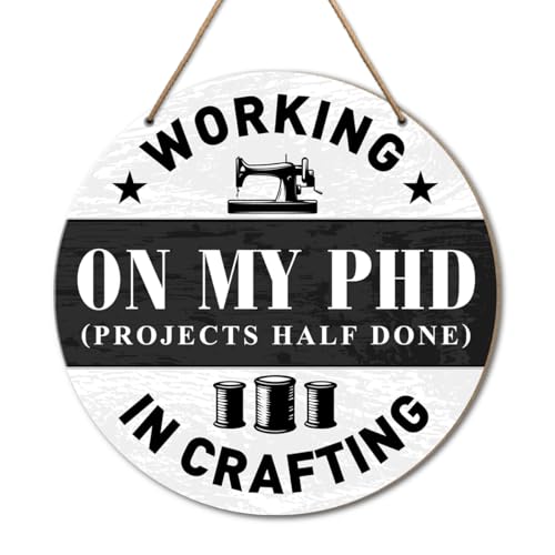 Craft Room Door Decor Sign, Black and White Craft Room Round Wood Hanging Sign Wall Decor, Farmhouse Decorations for Office Craft Room Gifts for Crafter Craft Lovers Women Men, Working in Crafting