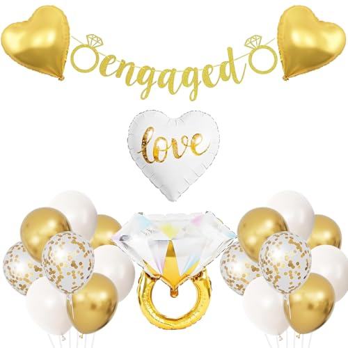 Gold Engagement Party Decorations,Gold Engaged Banner with Sand White Metallic Gold Confetti Balloons, Foil Love Heart and Diamond Ring Balloon for Engagement Wedding Party Decorations