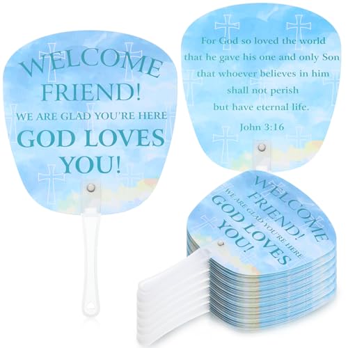 Geelin 50 Pcs Welcome to Our Church John 3: 16 Church Fans Bulk Christian Plastic Handheld Fan for Religious Activities Palm Sunday Outdoor Worship Services Bible Party Decorations Gifts