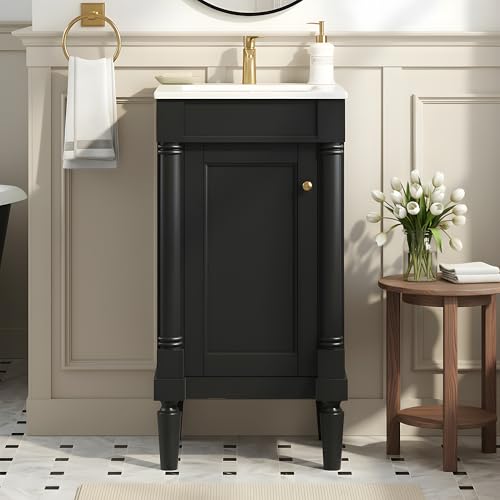 Merax 18 Bathroom Vanity with Sink Powder Room Small Bathroom Vanity with Single Door Cabinet Ceramic Sink Adjustable Shelf Solid Wood Frame Bathroom Storage Cabinet