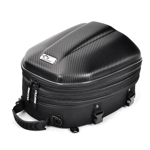 CUCYMA CB-1901 Carbon Fiber Textured Hard Shell Motorcycle Tail Bag, Water-Resistant, Non-Slip, Reflective Strips, Expandable Capacity, Fits Full-Face Helmet (Black)