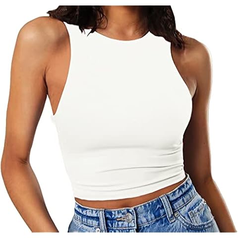 GEMBERA Women's High Neck Crop Tops Basic Racer Back Cropped Tank Workout Sleeveless Shirts White L Cover