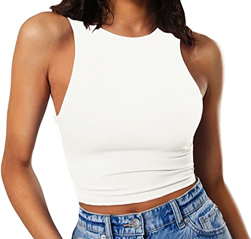GEMBERA Top sin Mangas de Cuello Alto Racer Back Basic elástico para Mujer, Blanco, Large