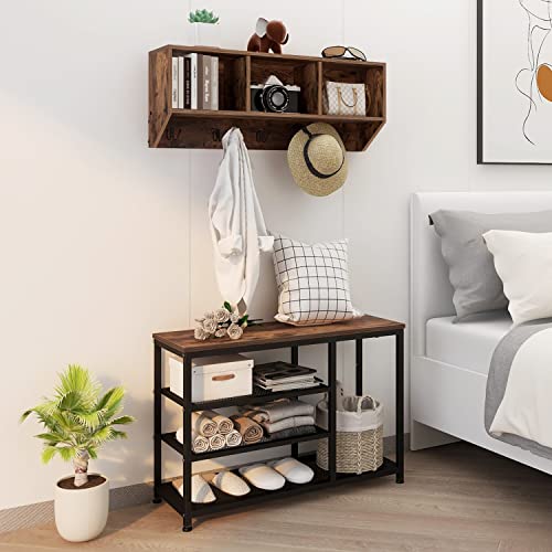 Espelism Coat Rack Shoe Bench Set Entryway Hall Tree With Bench Shoe Rack Wall Mounted Coat Rack 3 Storage Cubbies Display Shelf For Hallway Wooden And Metal Frame (Brown) #TOP4