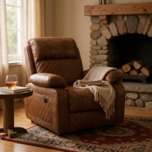 Image of Cable Crafts Deluxe Quilted Recliner in Brown Leatherette for Home Living Room Comfortable Seating