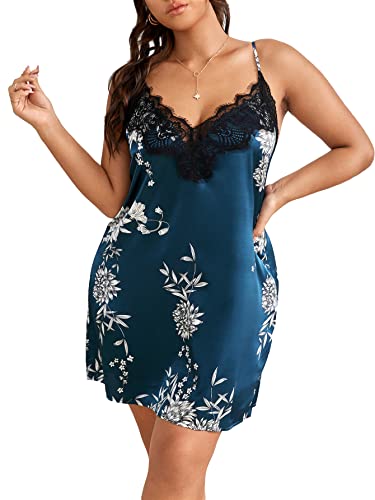 Wdirara Women's Plus Size Graphic Cami Chemise Slip Nightdress Night Shirts Sleepwear Satin Floral Blue 3Xl #TOP24