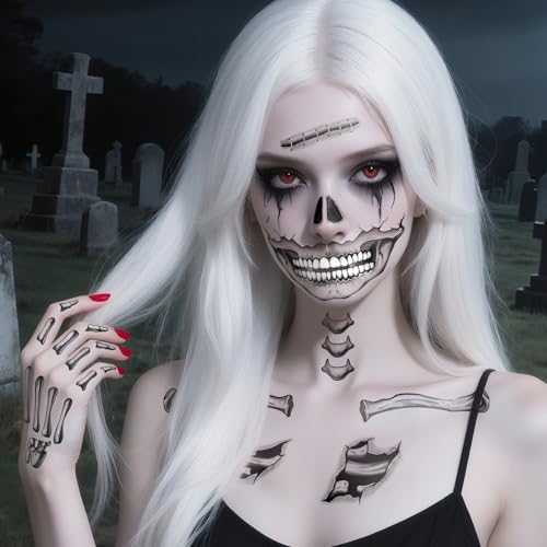 Acevegue Halloween Skelett Tattoo Gesicht 10 Blätter, Halloween Schminke Erwachsene Accessoires Damen Herren Gesichtstattoo, Make Up Mund Totenkopf Tattoo Sticker Aufkleber Kostüm Zubehör