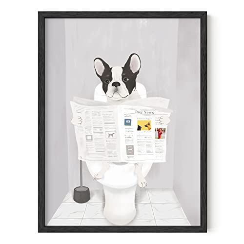 HAUS AND HUES Framed Wall Art for Bathroom, Funny Bathroom Wall Art, Bathroom Artwork for Wall Funny, Bathroom Dog Decor (Black Framed, 12x16)