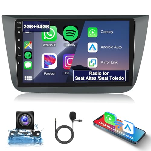 2G+64G Radio para Seat Altea 2004-2015/ Toledo 2004-2009 con Carplay Inalámbrico Android Auto, Hodozzy Pantalla Táctil de 9 Pulgadas con Canbus, Radio 2 DIN con GPS WiFi Bluetooth FM RDS HiFi Cámara