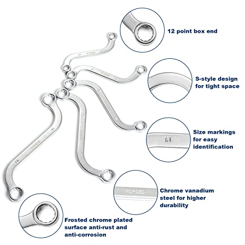 Image of YIYEIE Offset S-Style Box End Wrench Set, 5-Piece, Chrome Vanadium Steel, 10x11mm, 12x13mm, 14x15mm, 16x17mm, 18x19mm