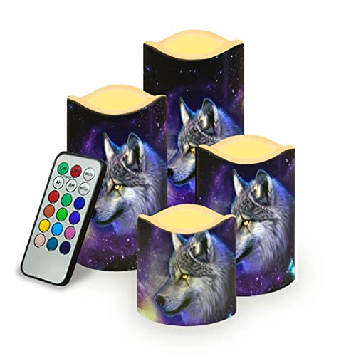 SCRAWLGOD Galaxy Wolf Print Batterij Operated LED Vlamloze Kaarsen Met Afstandsbediening Kleur Verandering & Timer voor Thuis Decoraties Flickering Kaarsen Set van 4