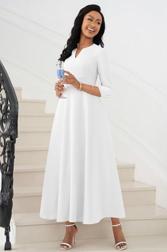 Image of FANDEE Maxi Dress for Women Casual 3 /4 Sleeve V Neck Semi Formal Fit and Flare Dress Classy High Waist Wedding Guest Dresses