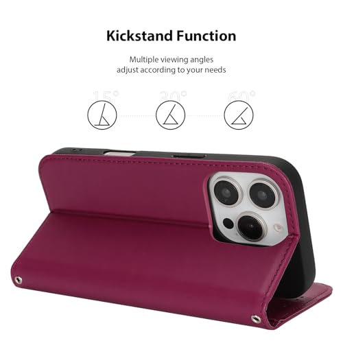 Jaorty for iPhone 16 Pro 5G Phone Case Wallet with Strap,6.3",Dark Red - image 5