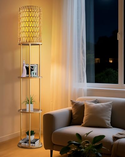 Image of Lightdot 61 inch Rattan Floor Lamp with Shelves, 3-Tier Storage Shelves with 3000K Bulb Included, Solid Wood Design, Corner Bookshelf Floor Lamps for Living Room /Sofa Beside /Corner Decor-Gold