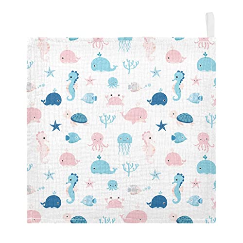 Image of vvfelixl Cute Sea Life Baby Burp Cloths, Baby Muslin Washcloths for Boys Girls, Cotton Baby Face Towel for Newborn Infants Soft and Absorbent 11.8 X 11.8 in, 5 Pack